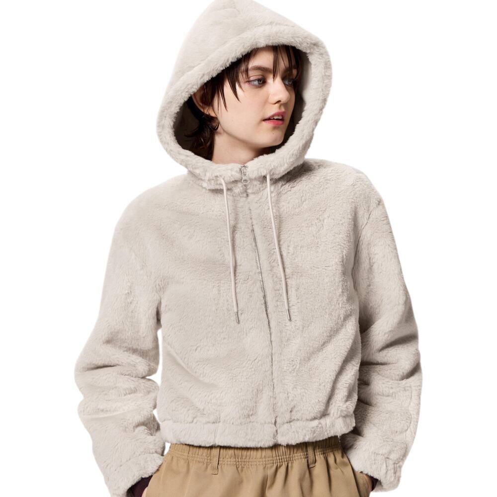 GU Japan Faux Fur Front Zip Hoodie Jacket Natural Beige Size S